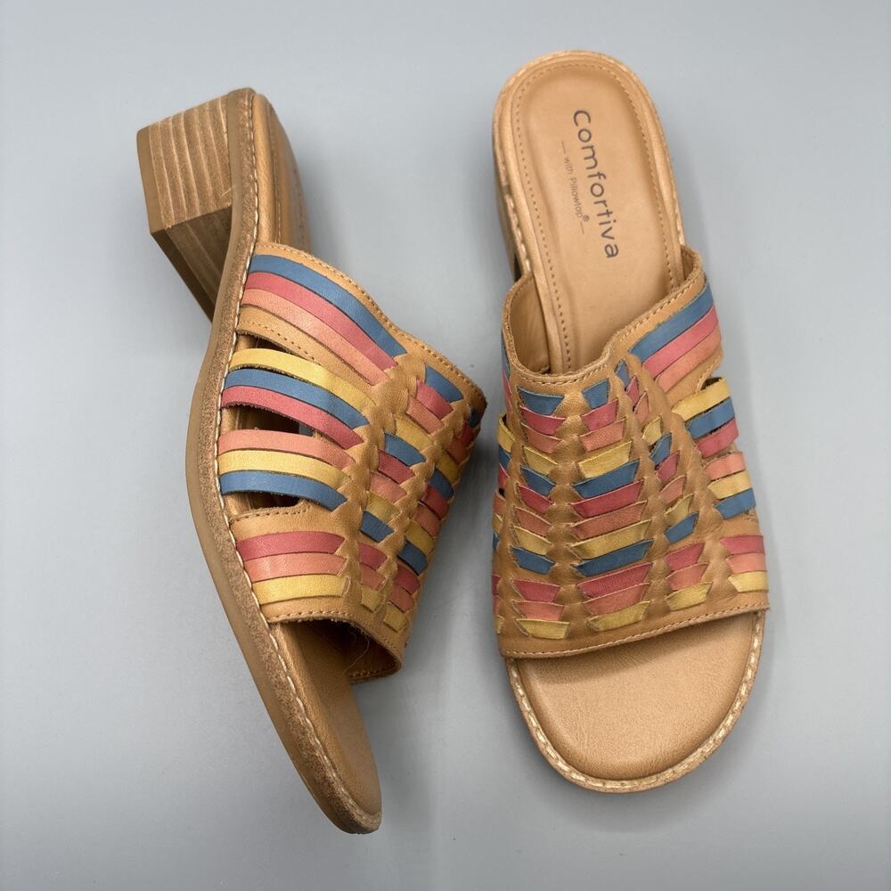 Comfortiva Woven Leather Mules Size 8.5 Huarache Slip on Shoes Heels Butter Mom